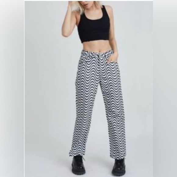 Ragged Priest Black and White Wave Dad wide leg jeans goth emo rave 26 - Picture 1 of 11